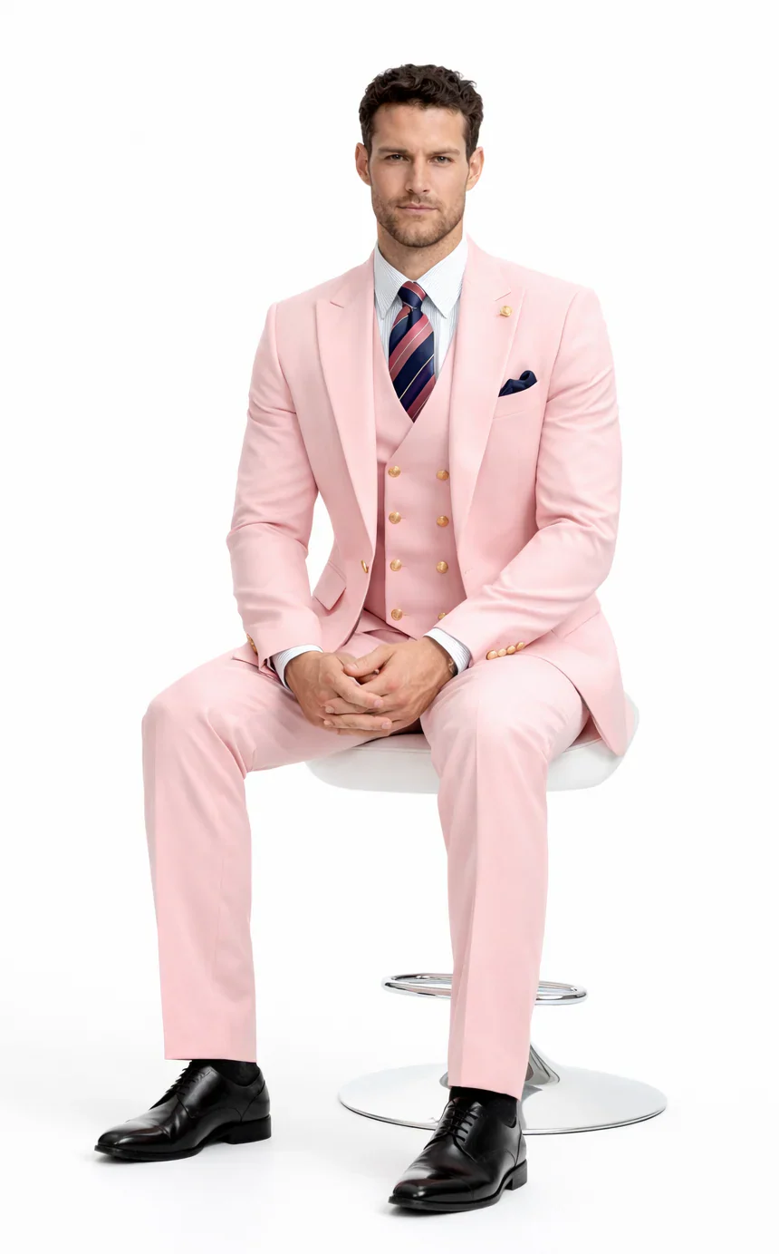 Rossiman Brand Pink Suits - 1 Button Suit Peak Lapel Double Breasted Vest - Image 4