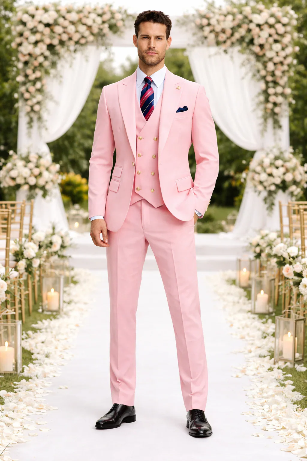 Rossiman Brand Pink Suits - 1 Button Suit Peak Lapel Double Breasted Vest - Image 6