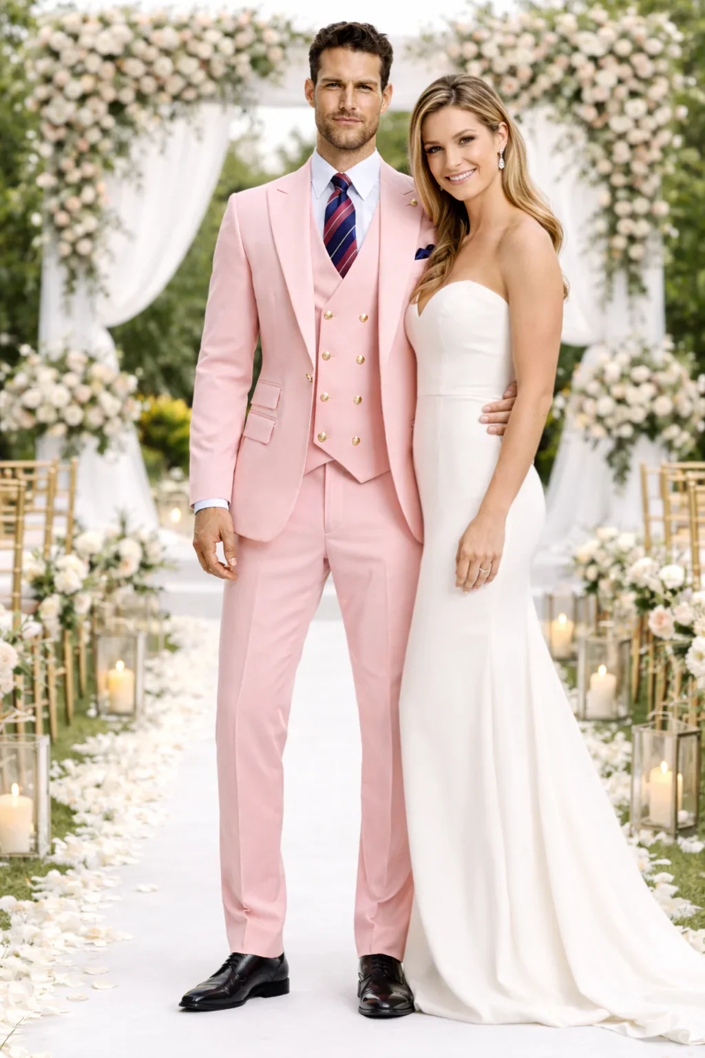 Rossiman Brand Pink Suits - 1 Button Suit Peak Lapel Double Breasted Vest - Image 7