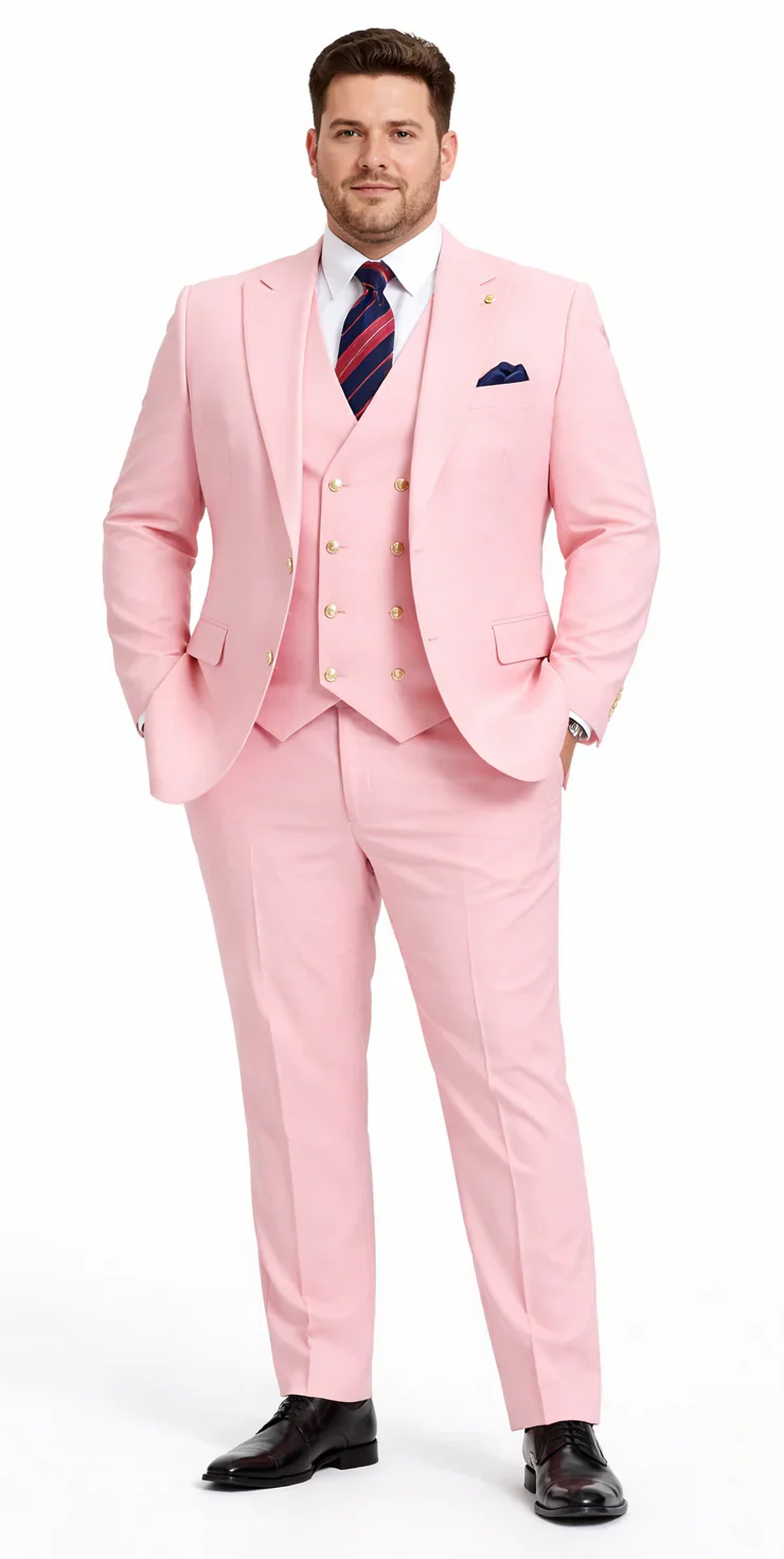 Rossiman Brand Pink Suits - 1 Button Suit Peak Lapel Double Breasted Vest - Image 8