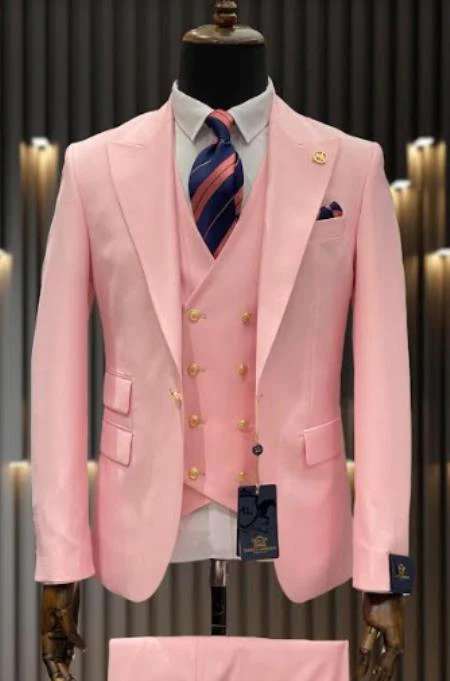 Rossiman Brand Pink Suits - 1 Button Suit Peak Lapel Double Breasted Vest - Image 9