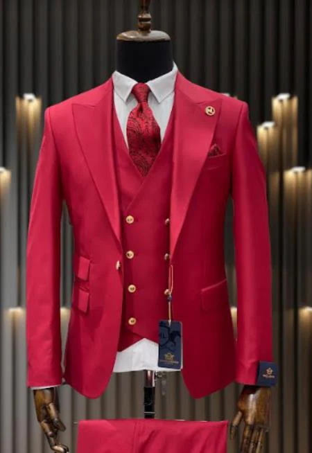 Rossiman Brand Red Suits - 1 Button Suit Peak Lapel Double Breasted Vest - Image 9