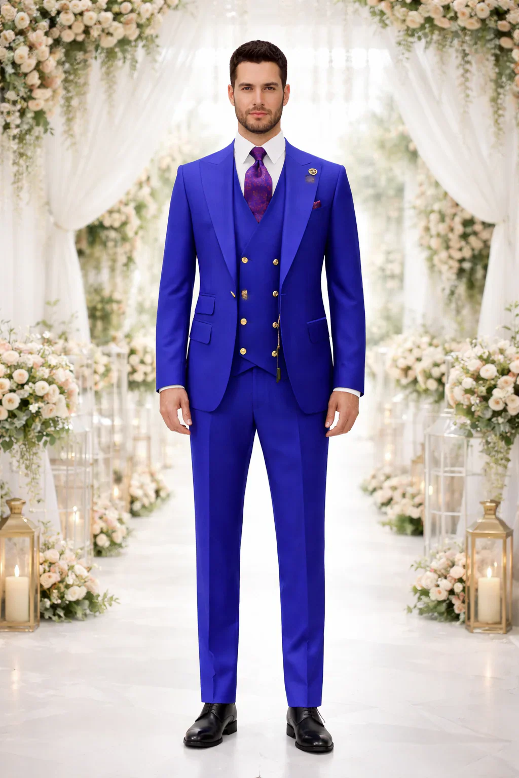 Rossiman Royal Blue Suit for Men – Classic 1-Button Peak Lapel Jacket & Double-Breasted Vest - Image 6