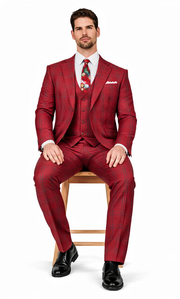 Rossiman Suits Brand - Plaid Textured Double breasted Style - Windowpane Pattern in Color Red and Blue - Image 4