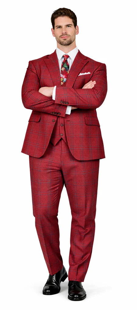 Rossiman Suits Brand - Plaid Textured Double breasted Style - Windowpane Pattern in Color Red and Blue - Image 5
