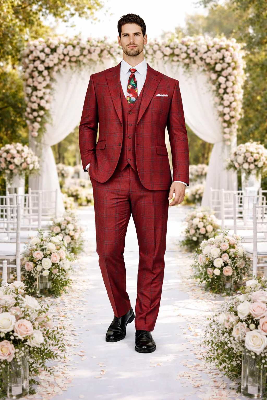 Rossiman Suits Brand - Plaid Textured Double breasted Style - Windowpane Pattern in Color Red and Blue - Image 7