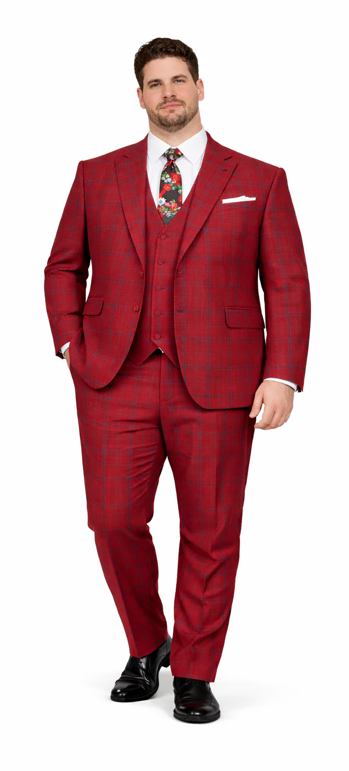 Rossiman Suits Brand - Plaid Textured Double breasted Style - Windowpane Pattern in Color Red and Blue - Image 6