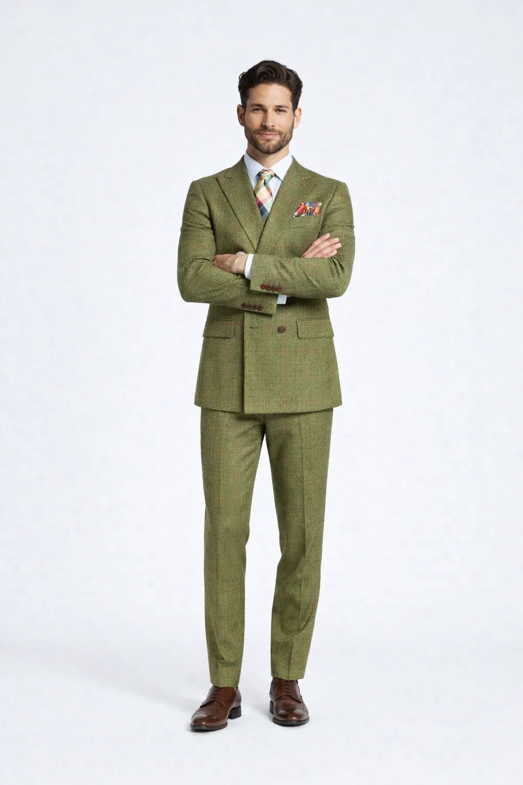 Rossiman Suit – Sage Green & Burnt Orange Windowpane Plaid Double-Breasted Suit - Image 5