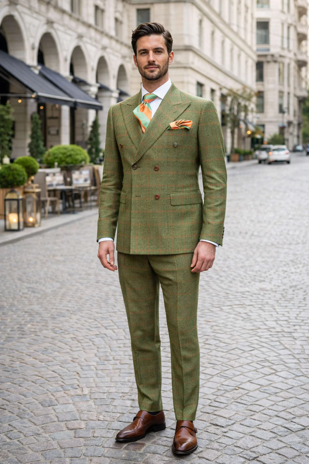 Rossiman Suit – Sage Green & Burnt Orange Windowpane Plaid Double-Breasted Suit - Image 7