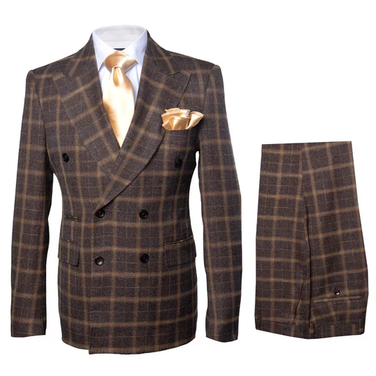 Rossiman Classic Wool Suit – Brown Windowpane Plaid Double-Breasted Formalwear - Image 4