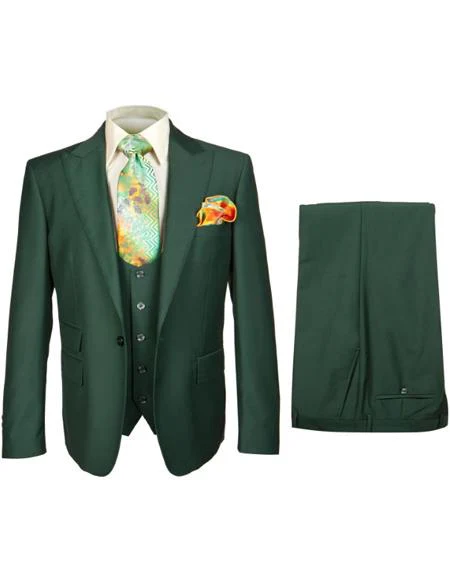 Rossiman Hunter Green Men's Slim-fit Suit Vested Flat Front Pants - Image 9