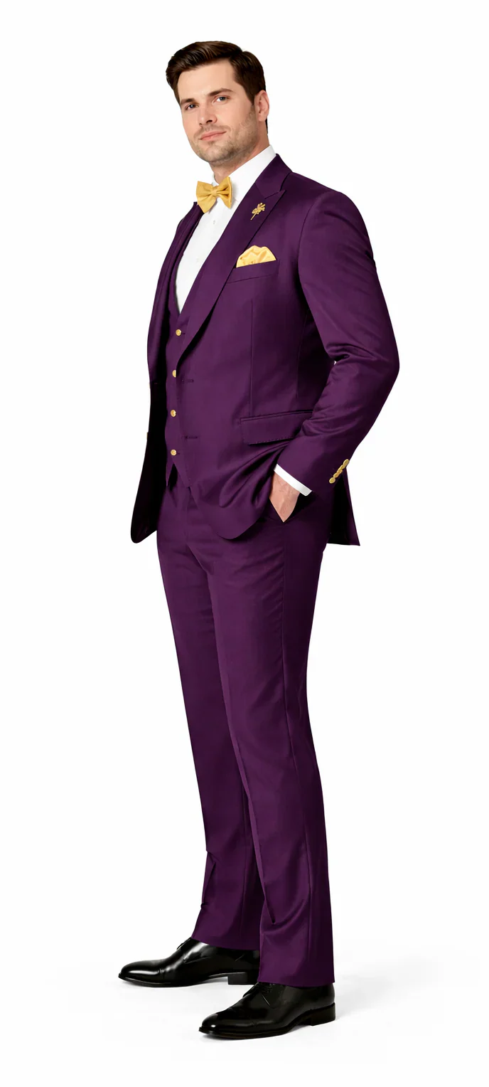 Plum Suit - Purple Suit With Gold Buttons With Double Breasted Vest - Rossiman Suits - Image 3