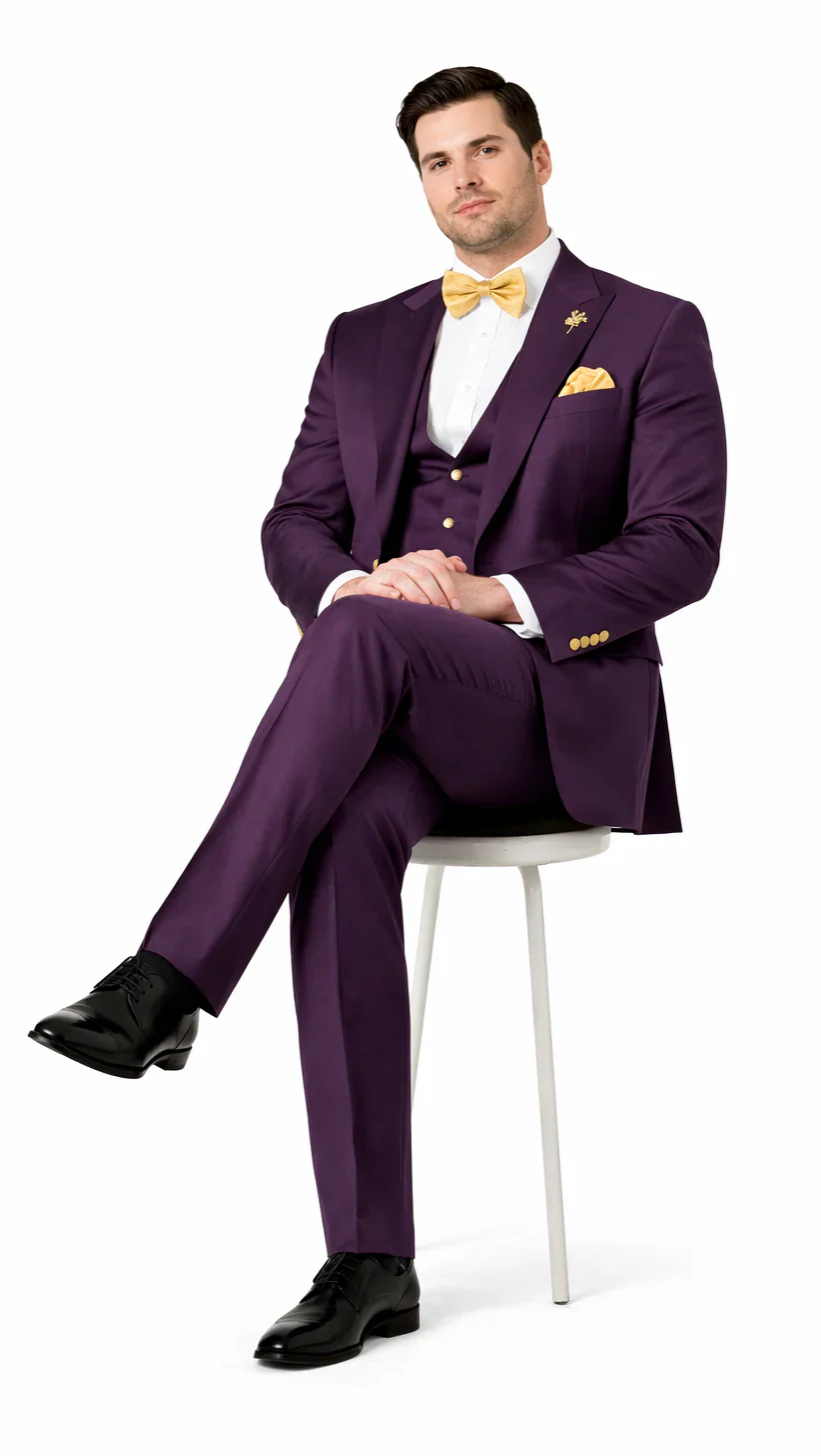 Plum Suit - Purple Suit With Gold Buttons With Double Breasted Vest - Rossiman Suits - Image 4