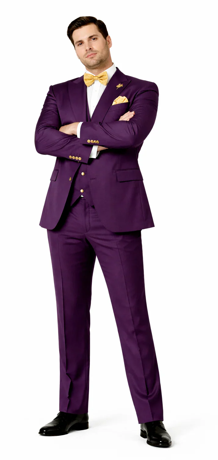 Plum Suit - Purple Suit With Gold Buttons With Double Breasted Vest - Rossiman Suits - Image 5