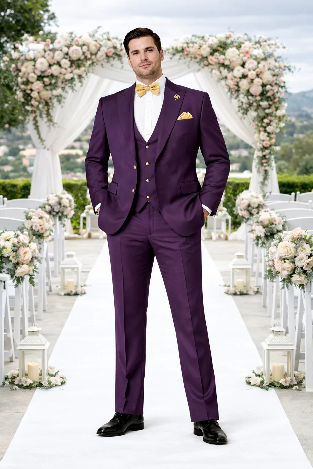 Plum Suit - Purple Suit With Gold Buttons With Double Breasted Vest - Rossiman Suits - Image 6