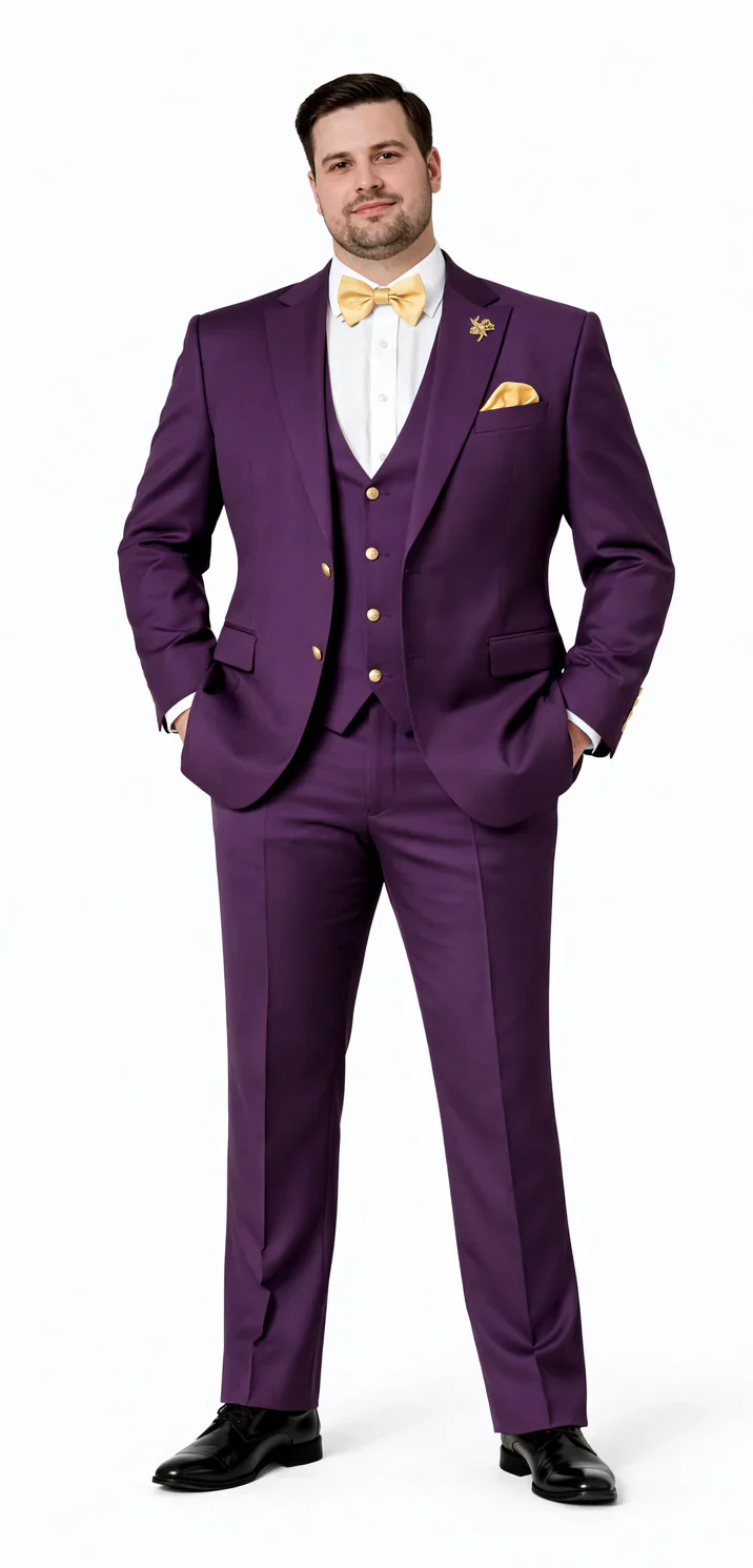 Plum Suit - Purple Suit With Gold Buttons With Double Breasted Vest - Rossiman Suits - Image 8