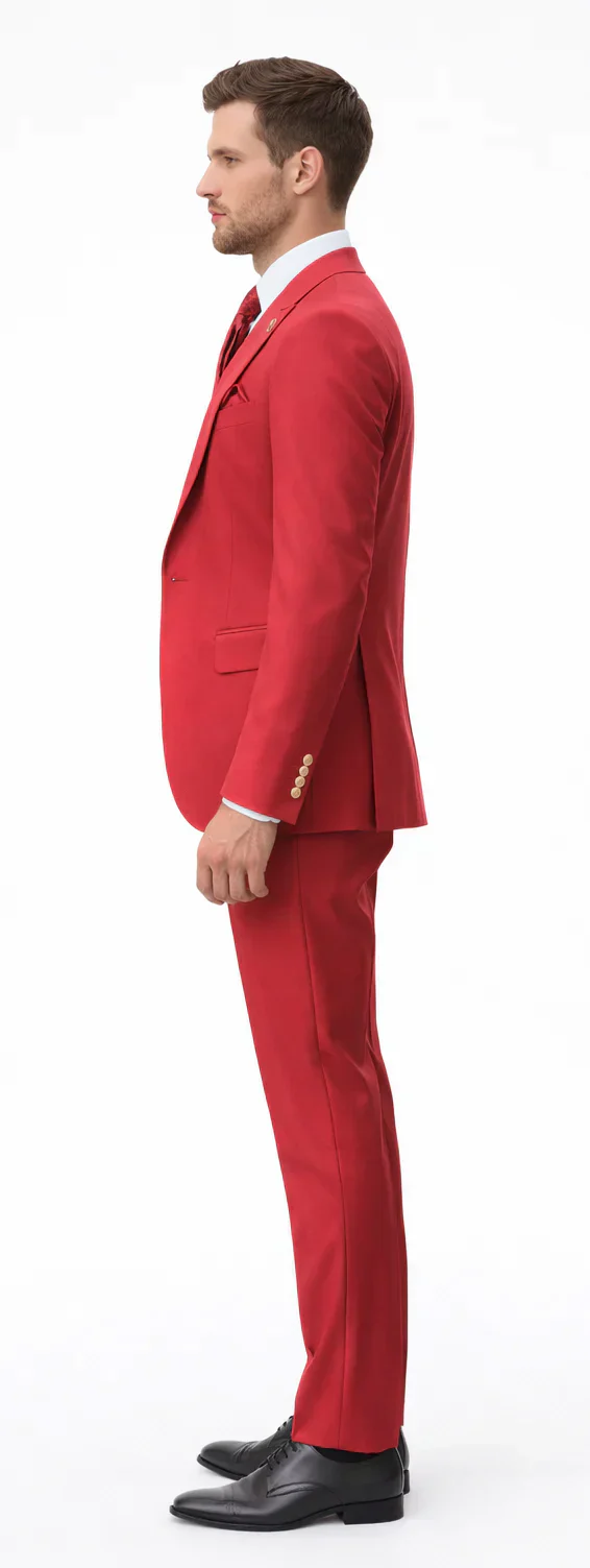 Rossiman Men's Red Suit – Stylish 1-Button Peak Lapel Jacket & Double-Breasted Vest - Image 3