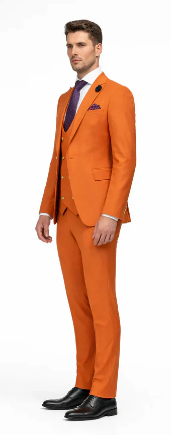 Rossiman Men's Rust Slim Fit Suit – 3-Piece Set with Double-Breasted Vest & Flat Front Pants - Image 3