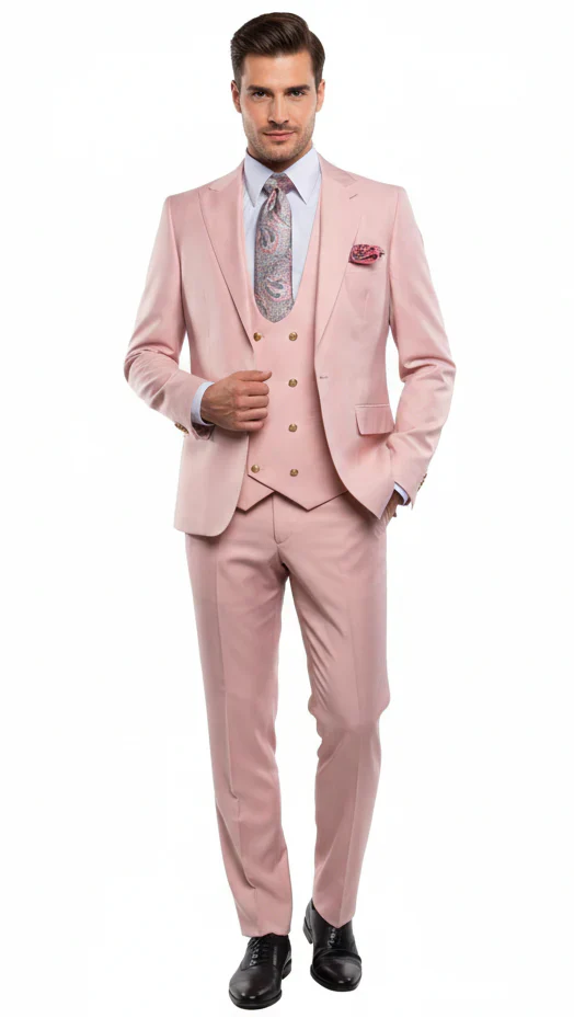 Rossiman Pink Men's Slim Fit Suit Double Brest Vest Flat Front Pants