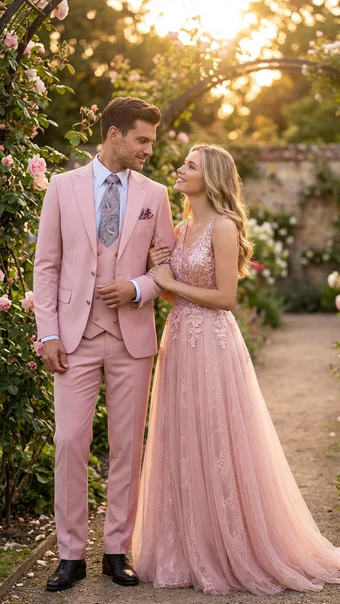Rossiman Pink Men's Slim Fit Suit Double Brest Vest Flat Front Pants - Image 10