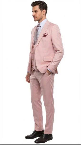 Rossiman Pink Men's Slim Fit Suit Double Brest Vest Flat Front Pants - Image 3
