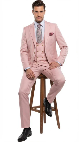 Rossiman Pink Men's Slim Fit Suit Double Brest Vest Flat Front Pants - Image 4