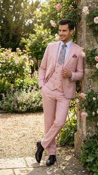 Rossiman Pink Men's Slim Fit Suit Double Brest Vest Flat Front Pants - Image 8