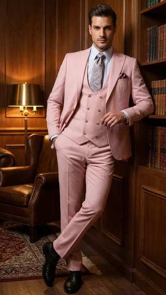 Rossiman Pink Men's Slim Fit Suit Double Brest Vest Flat Front Pants - Image 7
