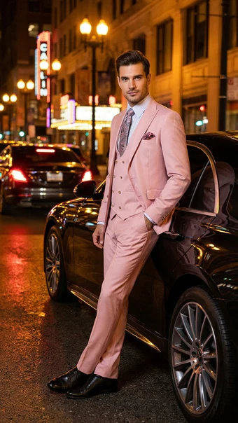 Rossiman Pink Men's Slim Fit Suit Double Brest Vest Flat Front Pants - Image 6