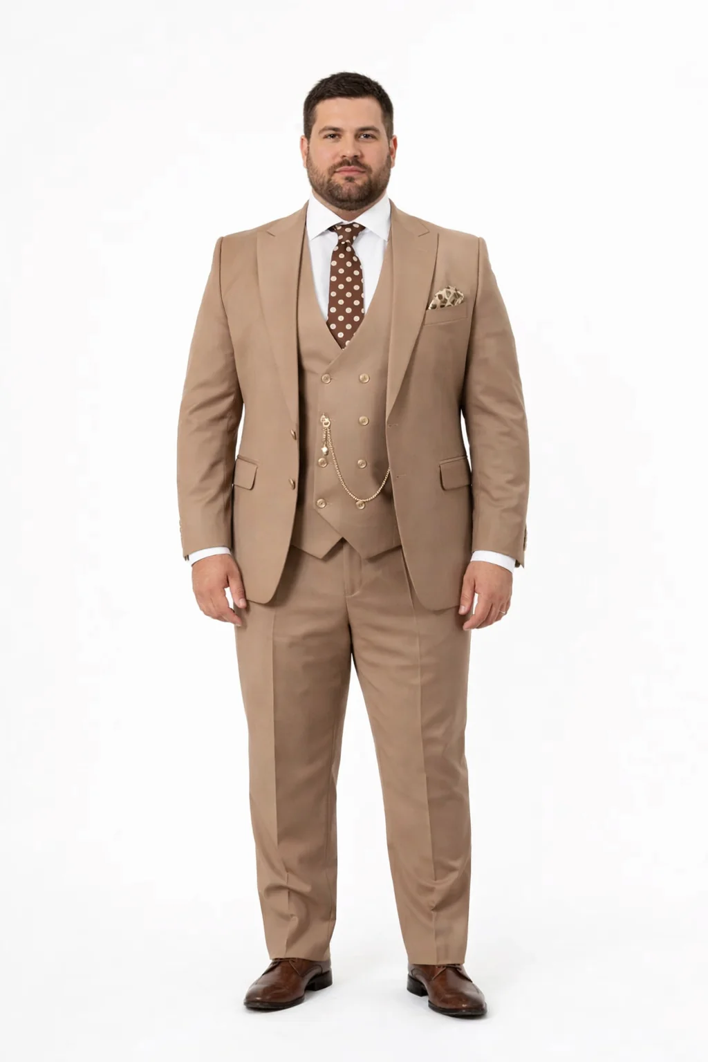 Rossiman Suit - Tan Suit With Gold Buttons - Peak Lapel 1 Button Double Breasted Vest - Image 6