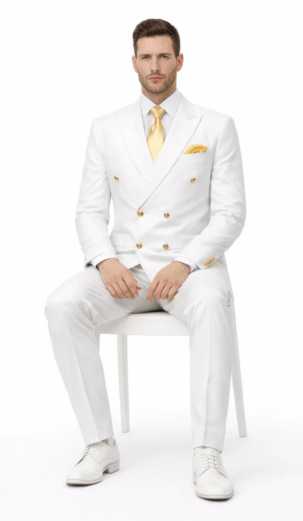 Rossiman Men's White Slim Fit Suit – Double-Breasted 3-Piece Formal Ensemble - Image 4