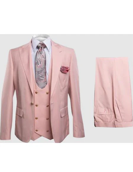 Rossiman Pink Men's Slim Fit Suit Double Brest Vest Flat Front Pants - Image 11