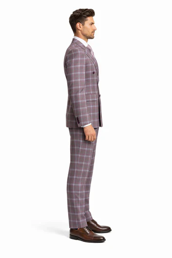 Rossiman Plaid Suit – Gray & Lavender Textured Windowpane Double-Breasted Suit - Image 3
