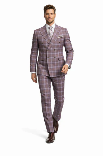 Rossiman Plaid Suit – Gray & Lavender Textured Windowpane Double-Breasted Suit - Image 4