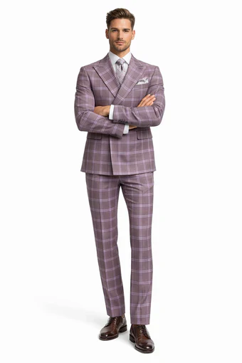 Rossiman Plaid Suit – Gray & Lavender Textured Windowpane Double-Breasted Suit - Image 5