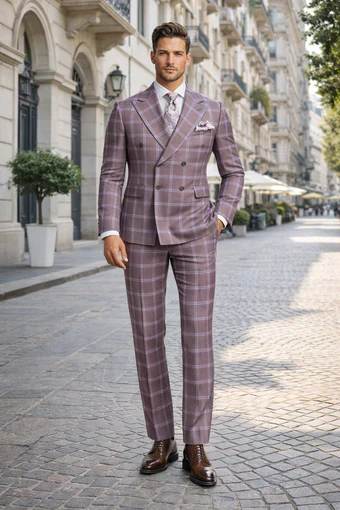Rossiman Plaid Suit – Gray & Lavender Textured Windowpane Double-Breasted Suit - Image 6