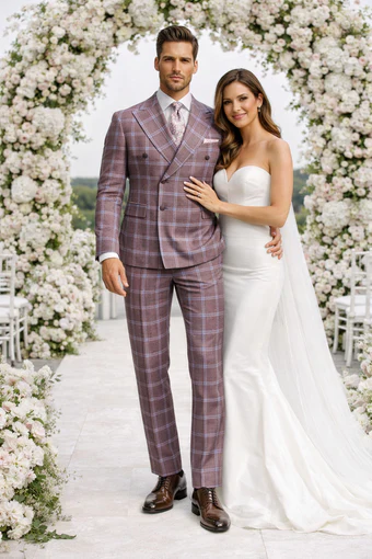 Rossiman Plaid Suit – Gray & Lavender Textured Windowpane Double-Breasted Suit - Image 7