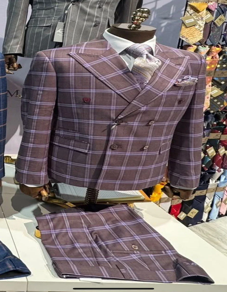 Rossiman Plaid Suit – Gray & Lavender Textured Windowpane Double-Breasted Suit - Image 9