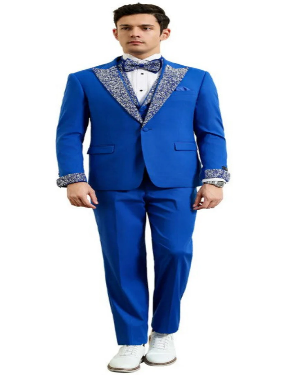 Royal Blue Prom Tuxedo - Perfect Wedding Suit Vested Rhinestone sequin Lapelled - Image 3
