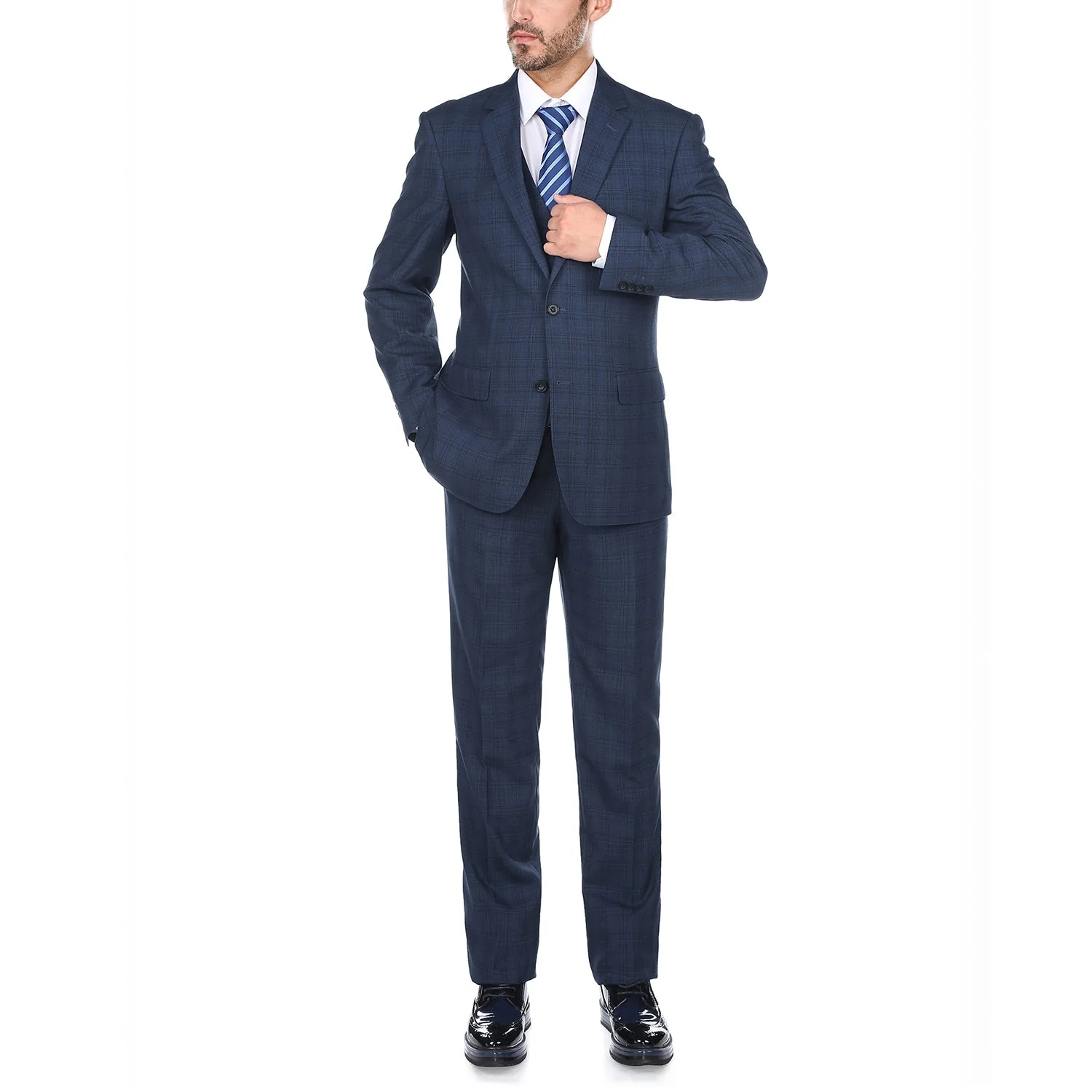 San Gemini Collection - 3 Piece Suit 2 Buttons Blue Glen Plaid Regular Fit - Image 3