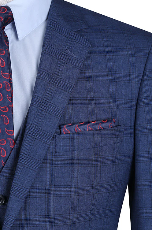 San Gemini Collection - 3 Piece Suit 2 Buttons Blue Glen Plaid Regular Fit - Image 4