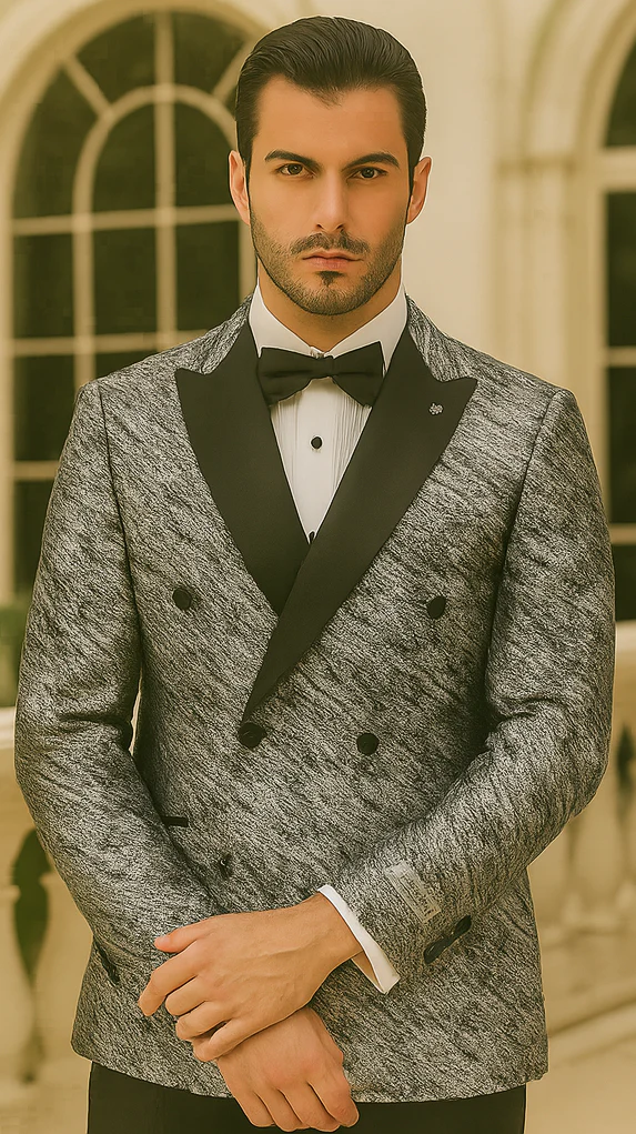 Silver Double Breasted Rough Streak Pattern Satin Peak Lapel Stacy Adams Men's Jacket - Image 9