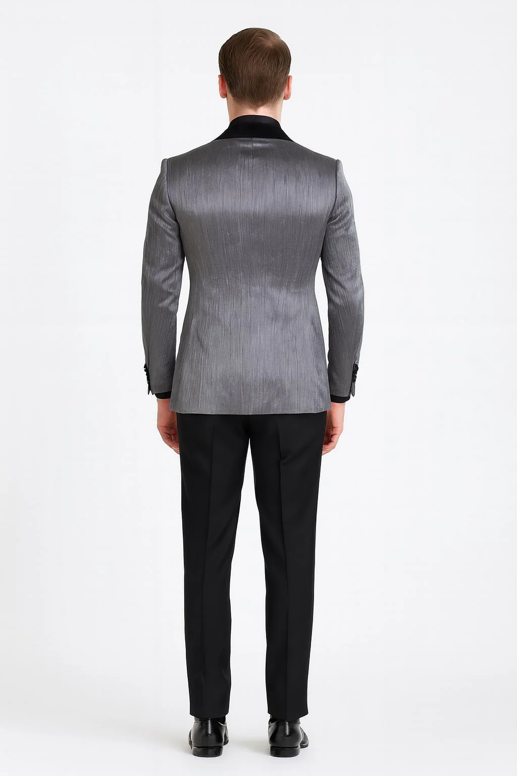 Silver Metallic Tuxedo Suit with Black Satin Peak Lapel – Mens Slim Fit Formal Wedding and Prom Attire in Charcoal Grey With Pants - Image 2