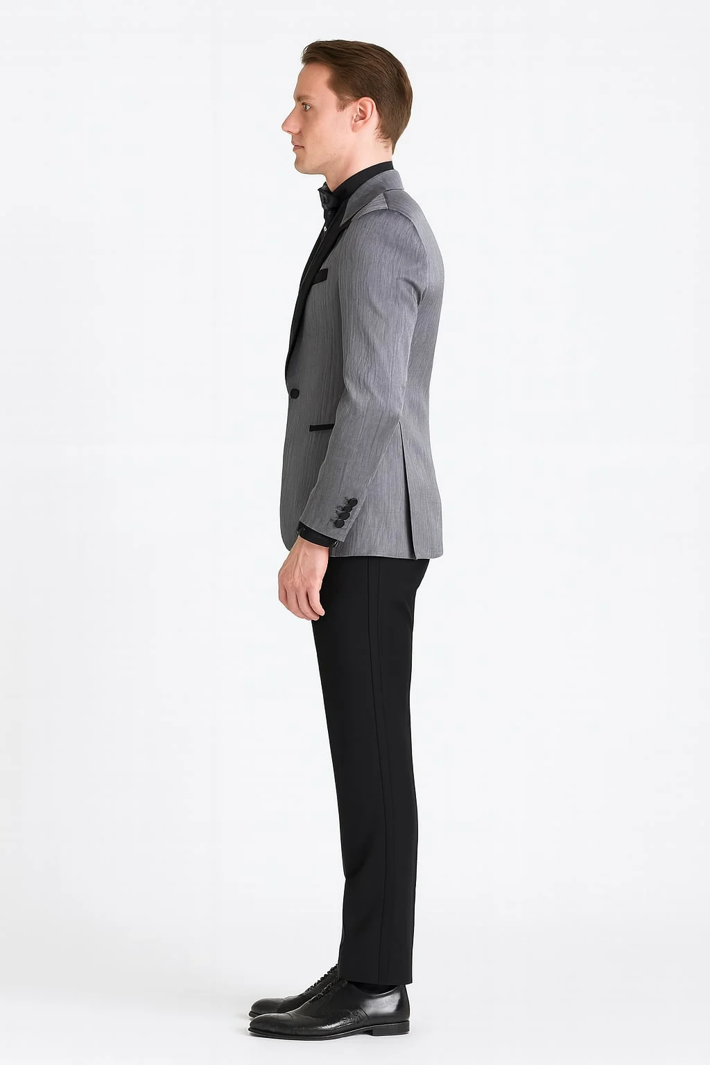Silver Metallic Tuxedo Suit with Black Satin Peak Lapel – Mens Slim Fit Formal Wedding and Prom Attire in Charcoal Grey With Pants - Image 3