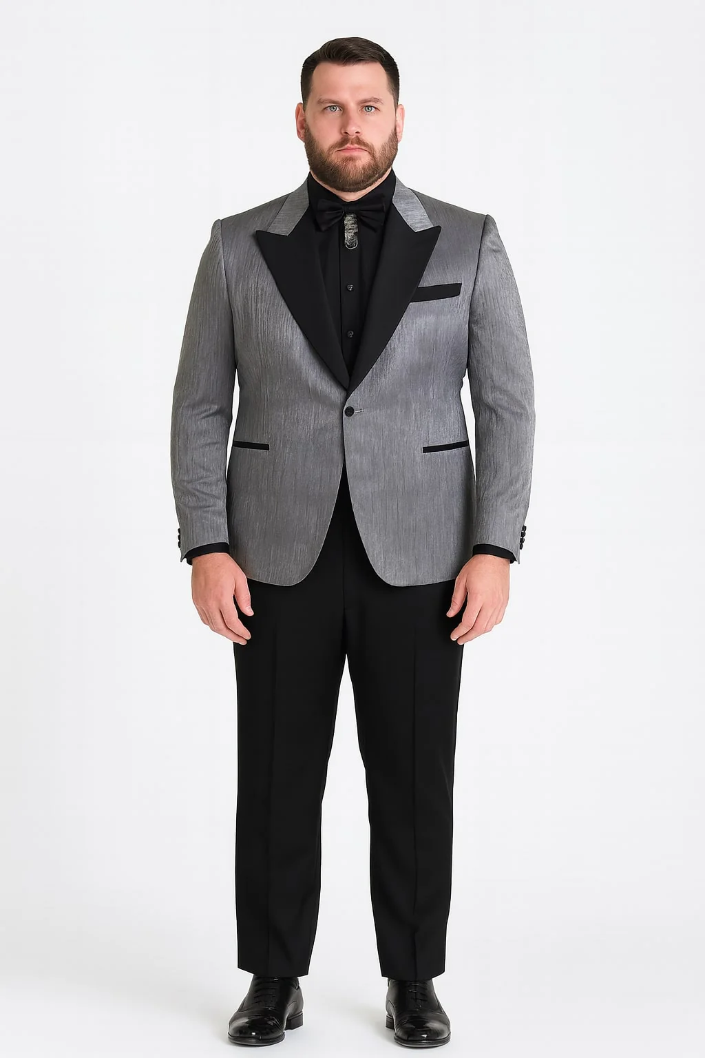 Silver Metallic Tuxedo Suit with Black Satin Peak Lapel – Mens Slim Fit Formal Wedding and Prom Attire in Charcoal Grey With Pants - Image 4