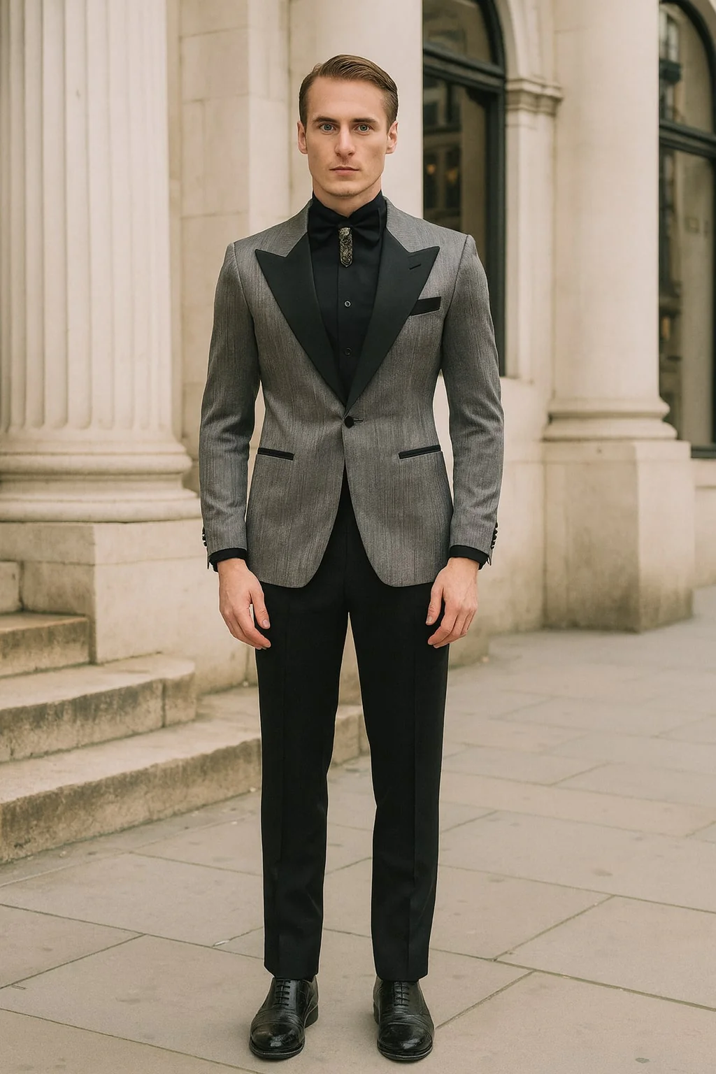Silver Metallic Tuxedo Suit with Black Satin Peak Lapel – Mens Slim Fit Formal Wedding and Prom Attire in Charcoal Grey With Pants - Image 5