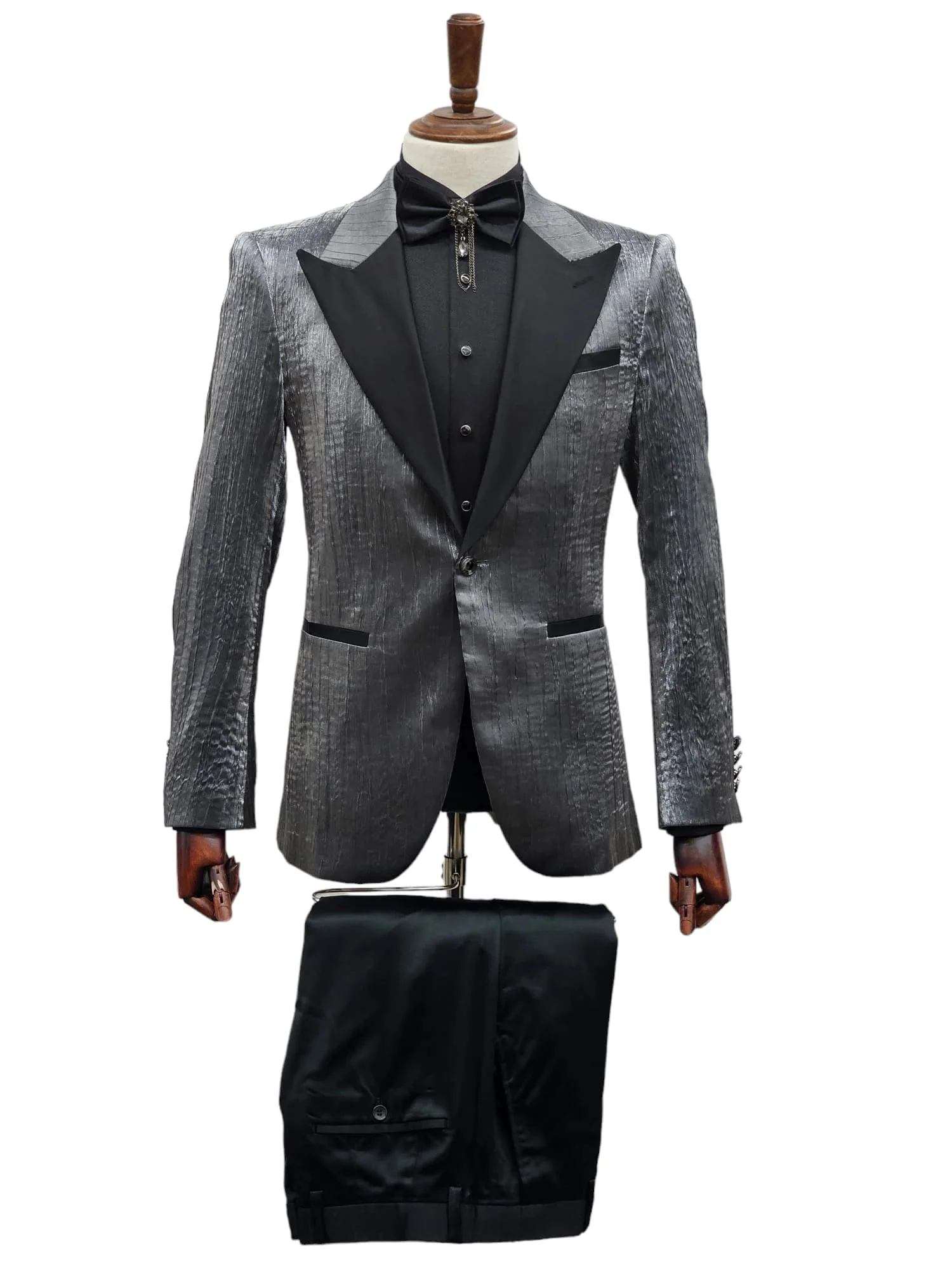 Silver Metallic Tuxedo Suit with Black Satin Peak Lapel – Mens Slim Fit Formal Wedding and Prom Attire in Charcoal Grey With Pants - Image 6