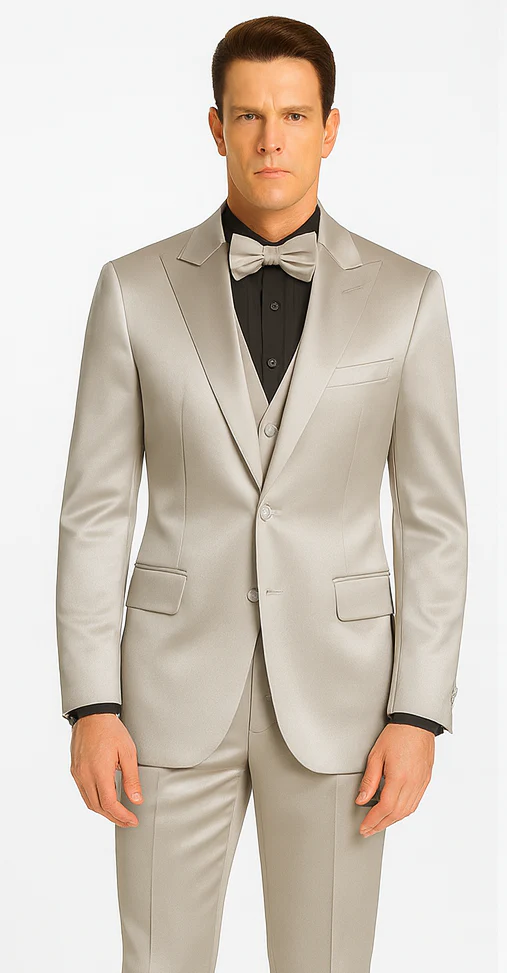 Silver Satin Double Breasted Peak Lapel 3 Piece Skinny Fit Tazzio Men's Suit with Matching Bowtie - Image 2