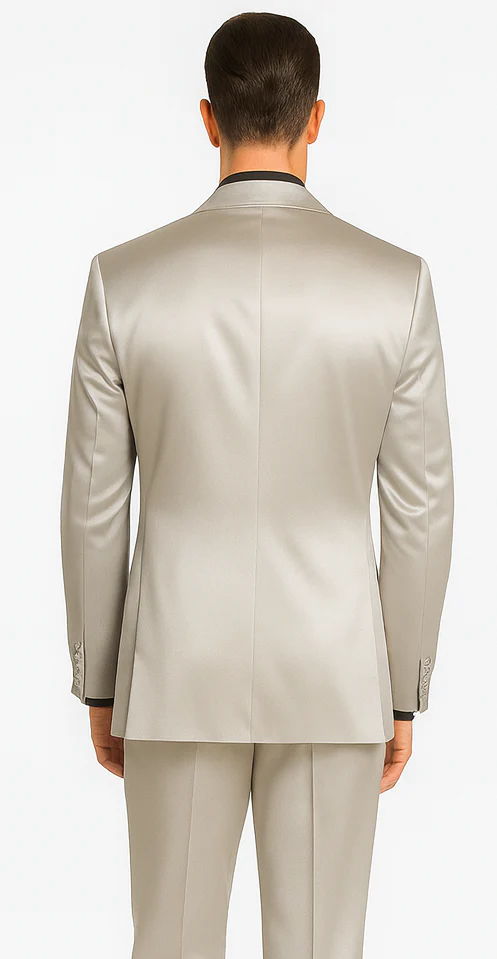 Silver Satin Double Breasted Peak Lapel 3 Piece Skinny Fit Tazzio Men's Suit with Matching Bowtie - Image 3