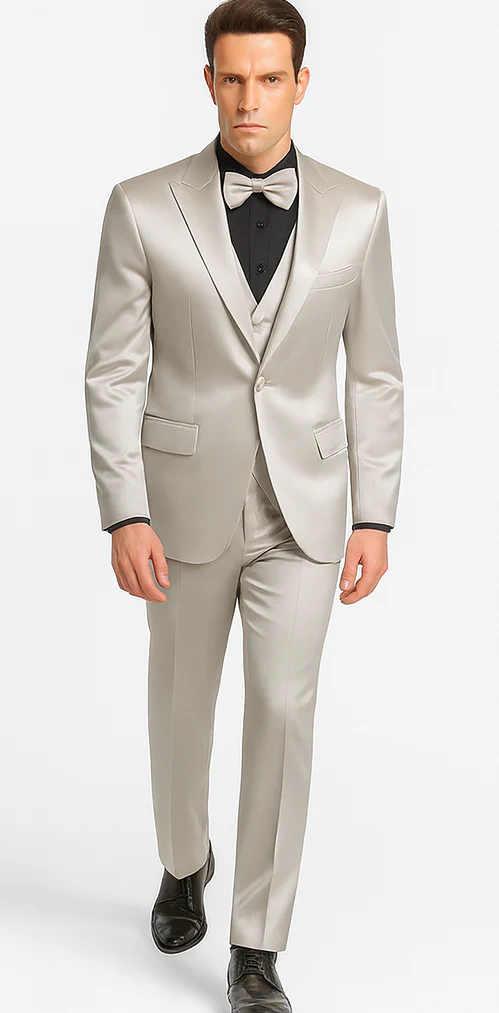 Silver Satin Double Breasted Peak Lapel 3 Piece Skinny Fit Tazzio Men's Suit with Matching Bowtie - Image 5